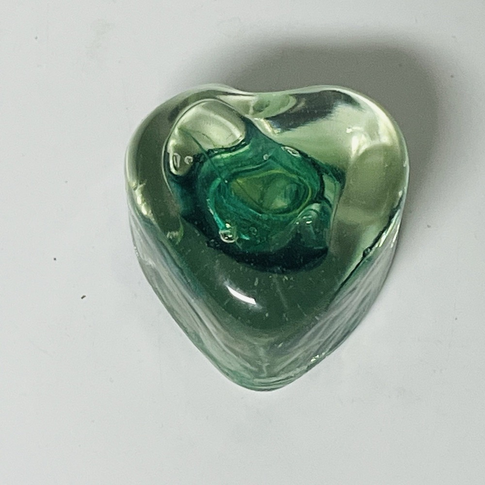 Vintage Hand Blown Art Glass Heart Paperweight Emerald Green Swirl 2.25"